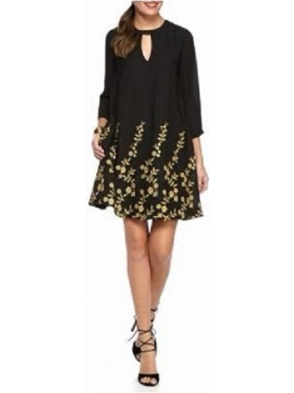 Beige by eci Black A line Dress with Gold Floral Embroidery & Pockets